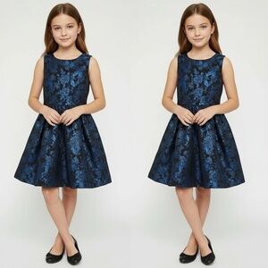 The Childrens Place Girls Dress Size 6 Blue Black Metallic Floral Jacquard Party